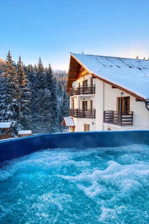 Jacuzzi-ul pensiunii iarna, cu casa și pădurea
